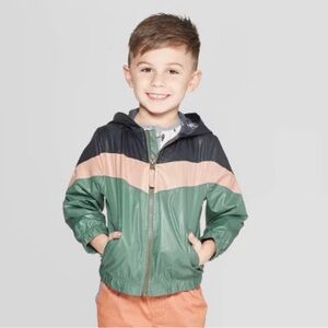 Kids Hooded Colorblock Rain Jacket in Navy, Peach & Green